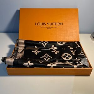 Louis Vuitton style scarf for women in box with label and ticket attached.